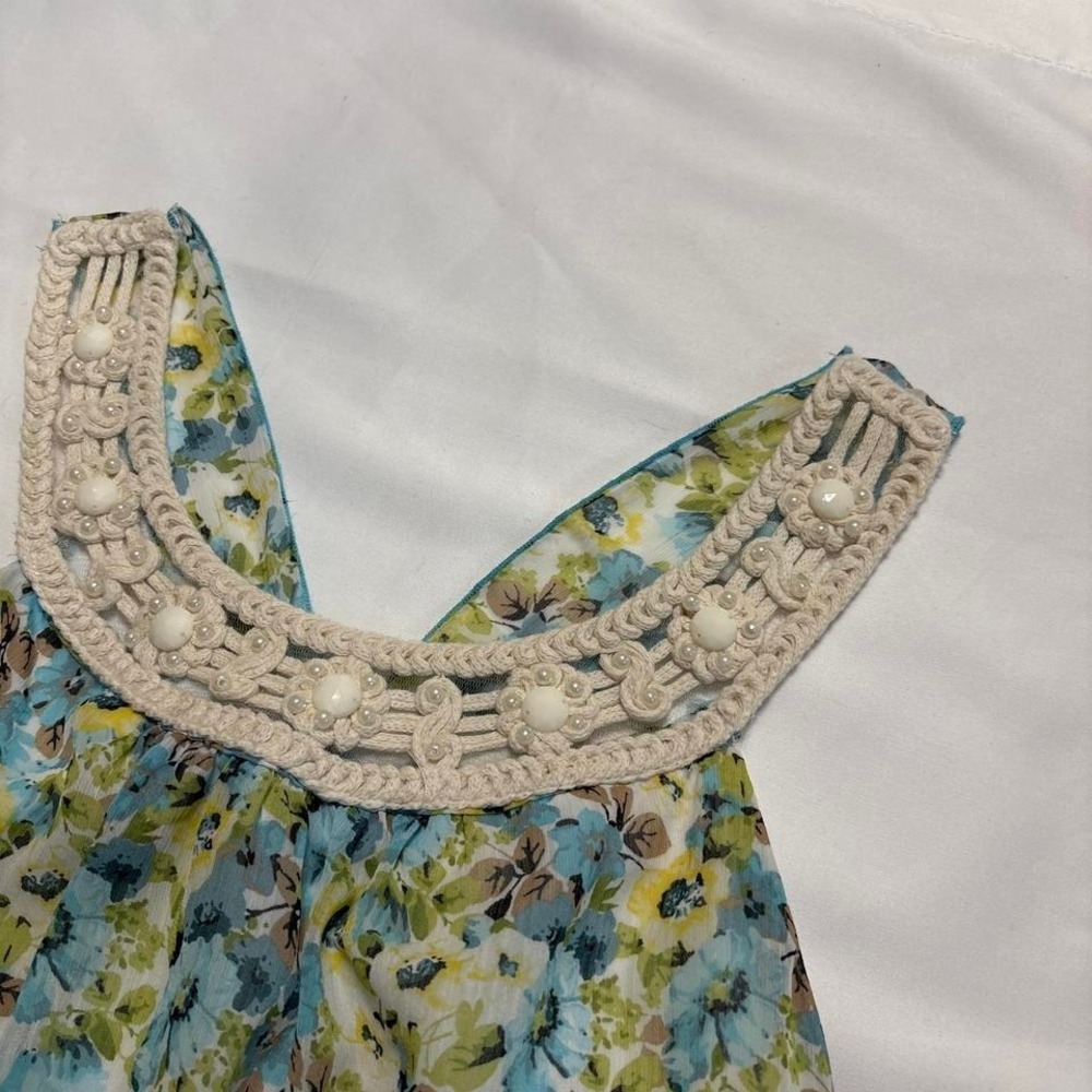 Y2K Iz Byer women's bubble hem floral beaded boho chiffon tank top smocked hem - Picture 4 of 8